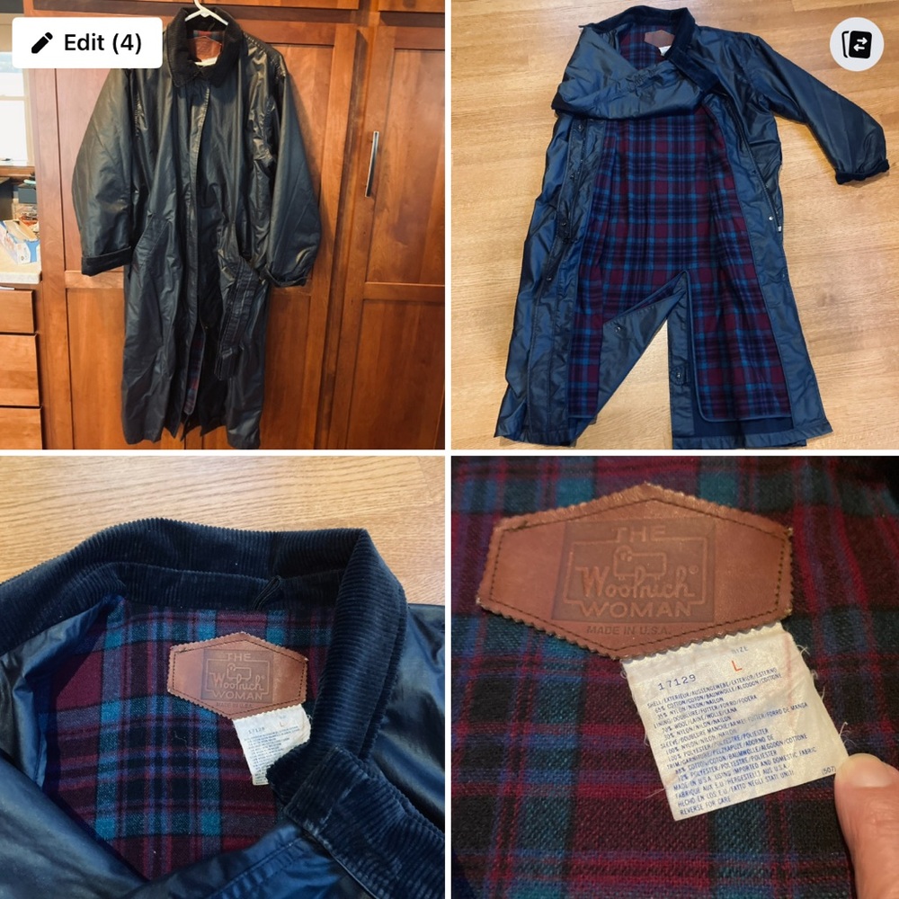 Vintage Woolrich Lrg Navy woman Long WaxBarn belt Coat Wool Lined Cord. Collar.